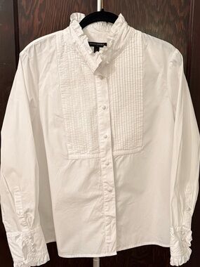 Banana Republic White Pintuck Ruffle-Trim Dress Shirt | Size L | Cotton
